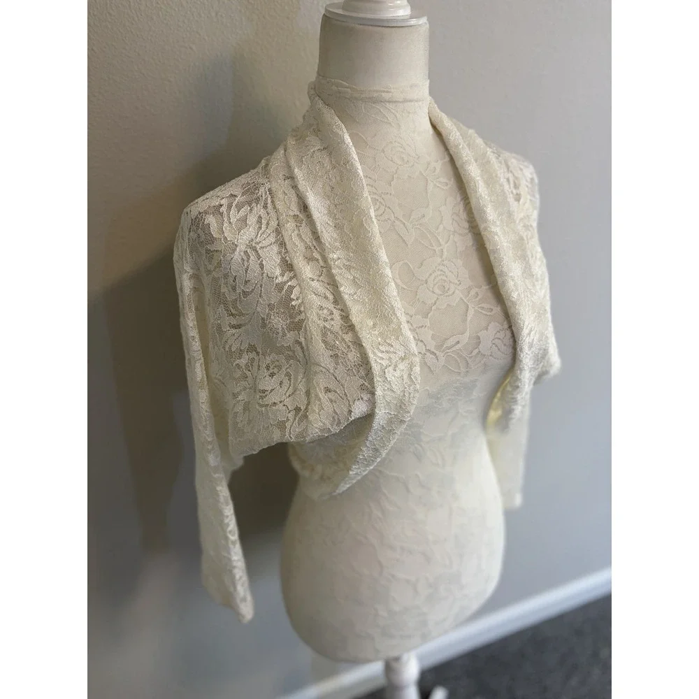 Tahari ASL Bolero~XL~Off White Lace Sequin Crop Shrug Formal Evening Covers Arms - Picture 3 of 14